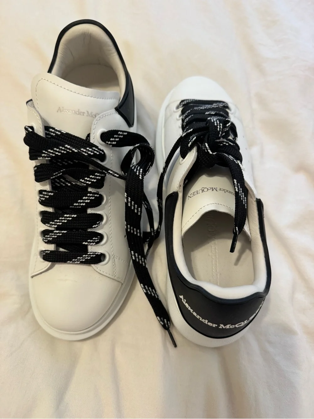 Alexander McQueen White Leather Sneakers with Black Accent and Patterned Laces